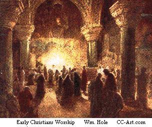 Early Christians at worship in the Eucharist, a faint  
image of Christ the King hovers above the altar holding  
the Eucharistic elements and the light signifies the  
presence of Christ in the Eucharist