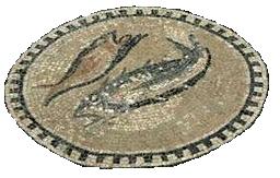 Mosaic of Fish on the floor of the Chapel of the  
Centurion, Megiddo, Israel
