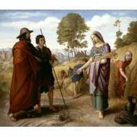 Boaz, with his servant, addresses Ruth the Moabite